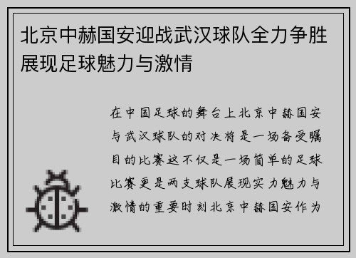 北京中赫国安迎战武汉球队全力争胜展现足球魅力与激情